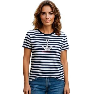 Zara Diving Moments Pearls Anchor Sea Shirt Striped Round‎ Neck Women's Small